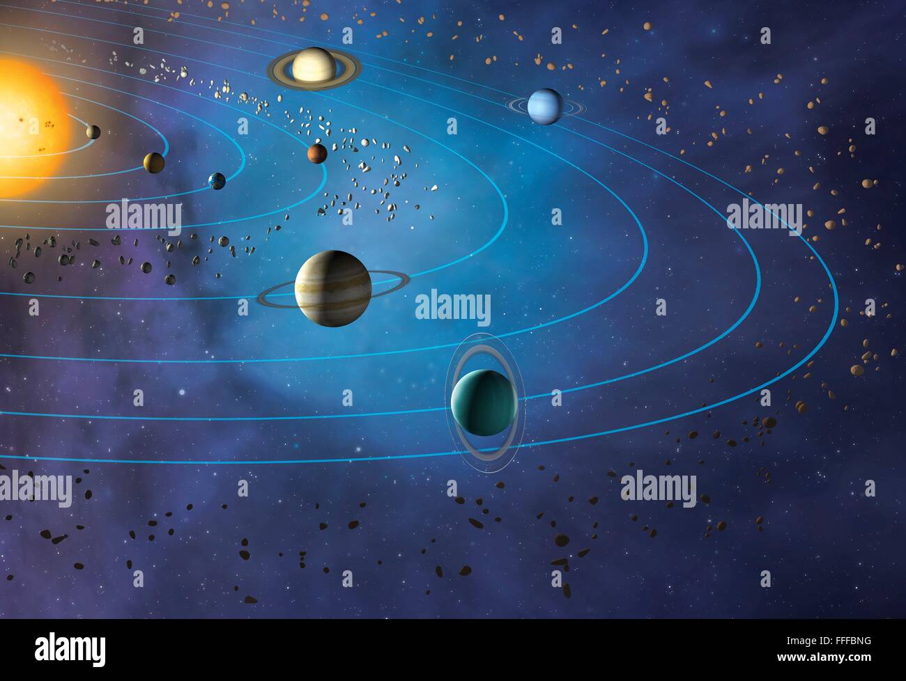 Artwork of the solar system, showing the paths of the eight major planets as they orbit the Sun. The four inner planets are, Stock Photo