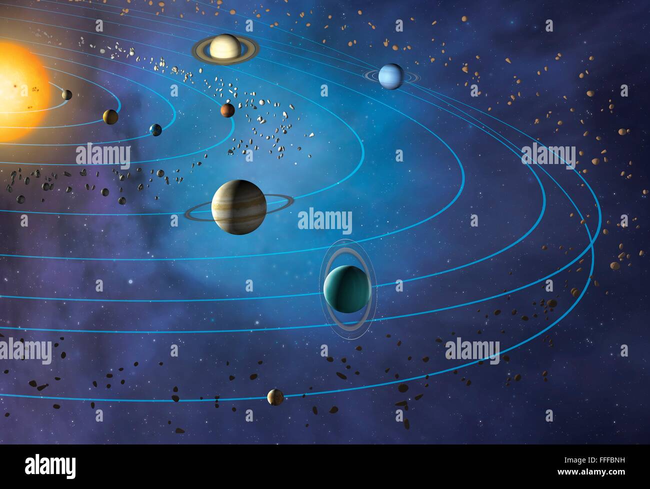 Artwork of the solar system, showing the paths of the eight major planets as they orbit the Sun. The four inner planets are, Stock Photo