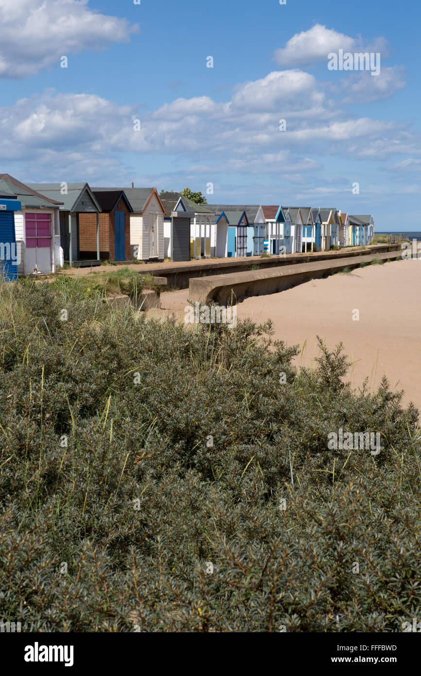 Traditional English beach huts on a sunny warm summer day at Chapel St Leonards near Skegness on the Lincolnshire coast, England, UK Stock Photo
