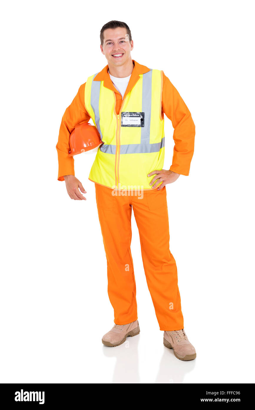 full length portrait of young electrician on white Stock Photo