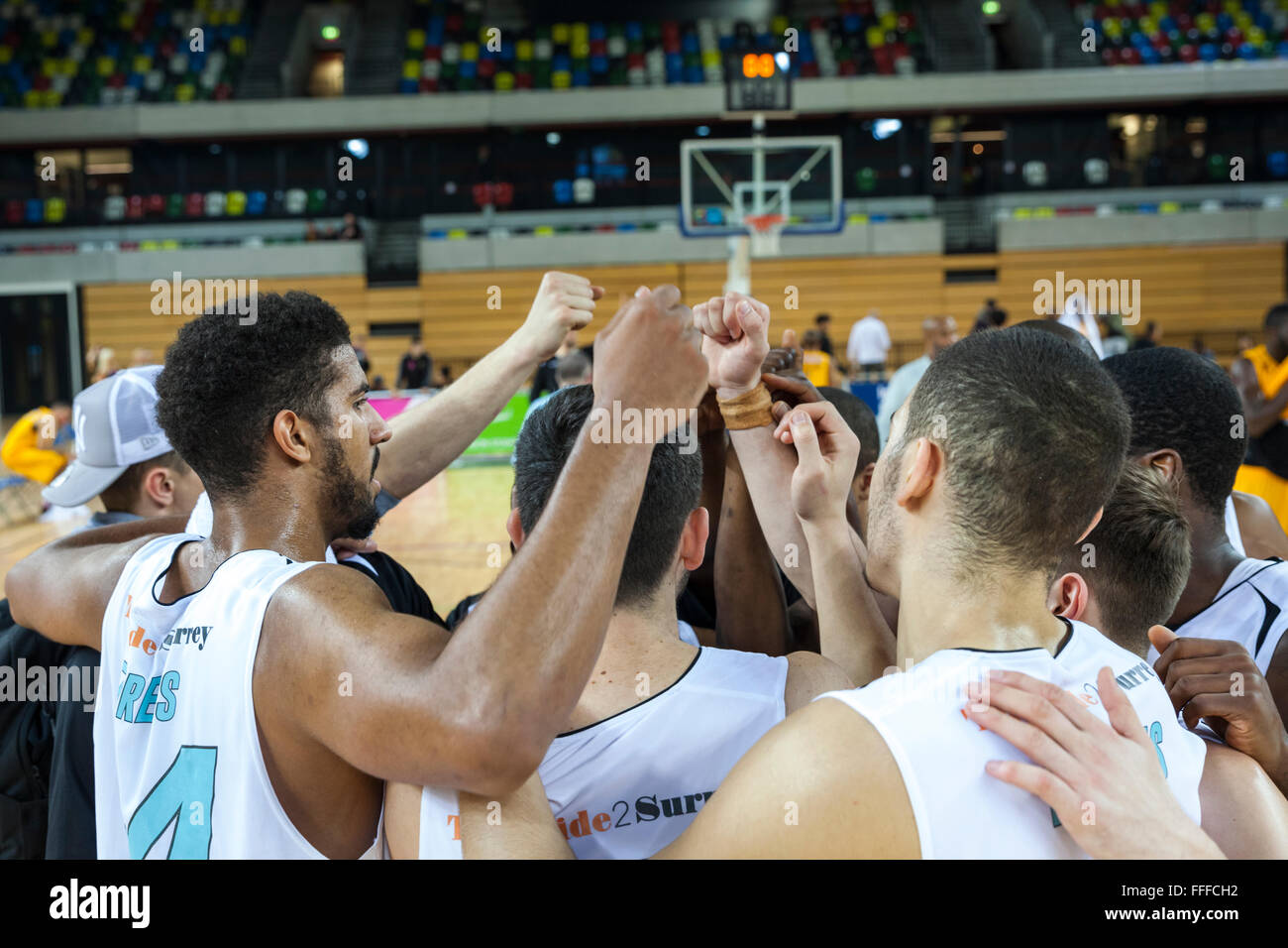 London, UK. 12th February 2016. Surrey Scorchers players celebrate their win after the London Lions vs. Surrey Scorchers BBL game at the Copper Box Arena in the Olympic Park. Surrey Scorchers win 90-82 Credit:  Imageplotter News and Sports/Alamy Live News Stock Photo
