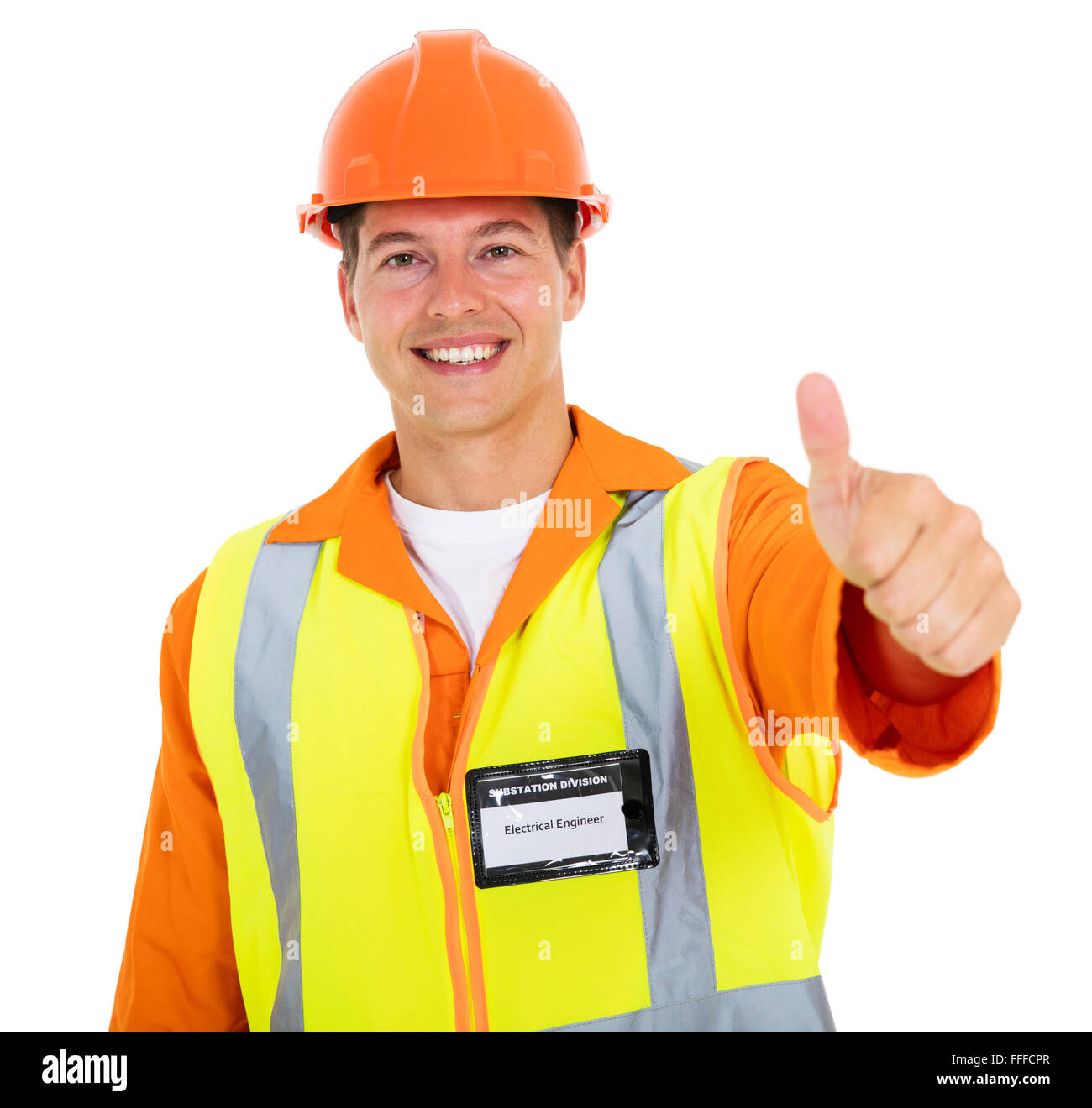 cheerful young electrician thumb up Stock Photo