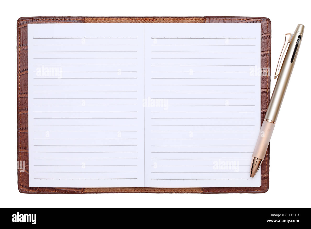 Brown leather notebook with ballpoint pen Stock Photo