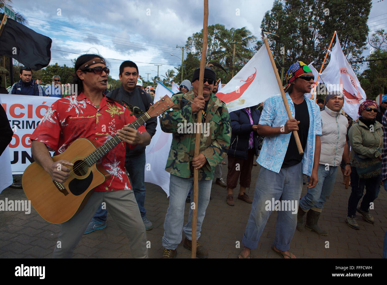 Local people protesting Isla de Pascua Rapa Nui Stock Photo