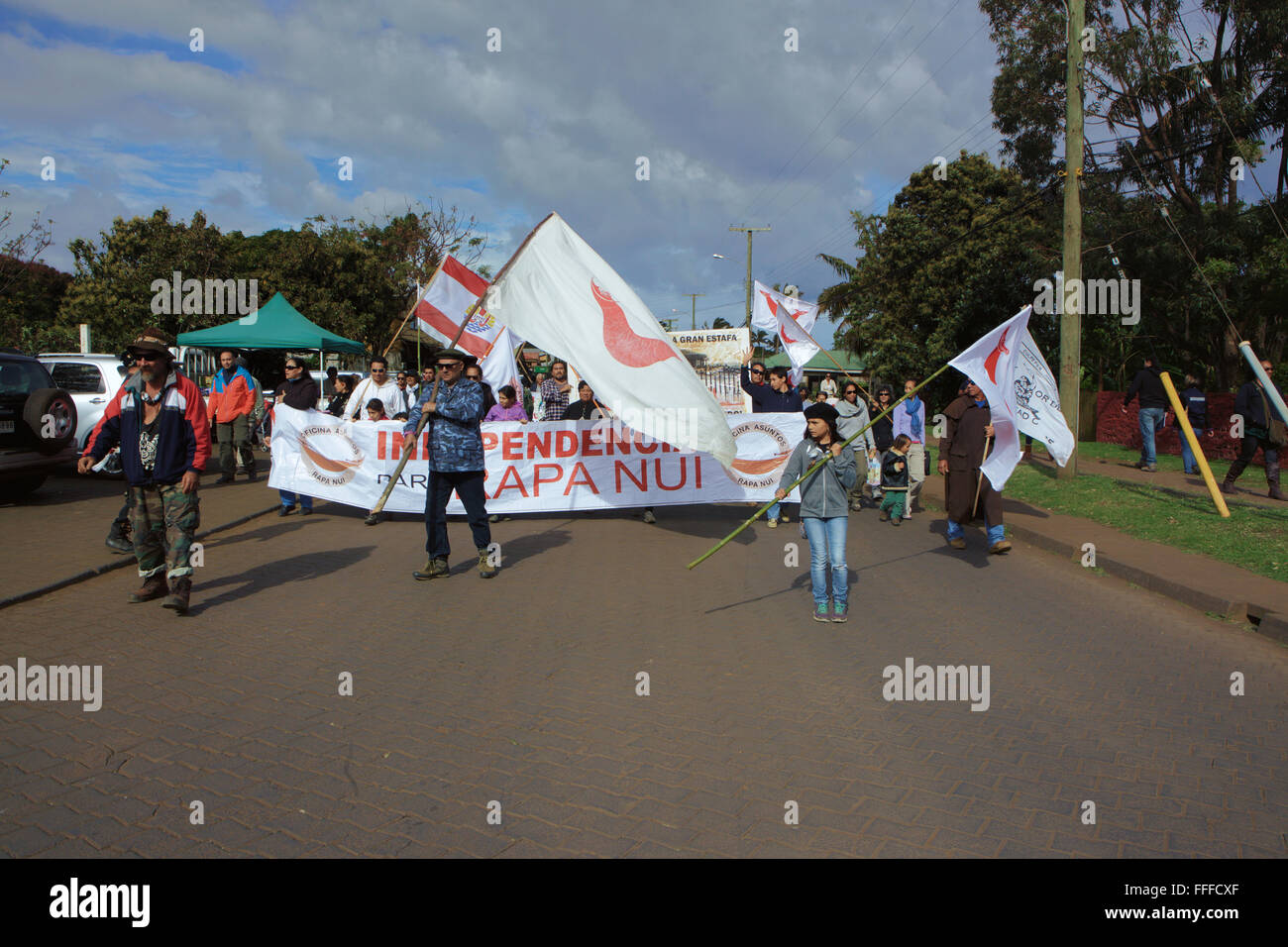 Local people protesting Isla de Pascua Rapa Nui Stock Photo