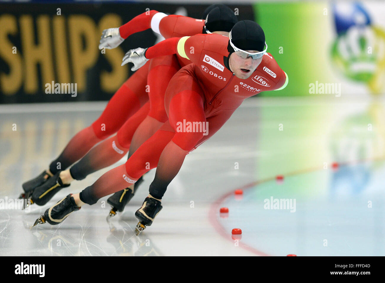 Kolomna, Russia. 12th Feb, 2016. Havard Bokko, Simen Spieler Nilsen and Sverre Lunde Pedersen of Norway (L to R) competes during the men's team pursuit race at 2016 ISU World Single Distances Championships in Kolomna, Russia, on Feb. 12, 2016. The team of Norway took the second place of the event in 3 minutes and 41.26 seconds. Credit:  Pavel Bednyakov/Xinhua/Alamy Live News Stock Photo