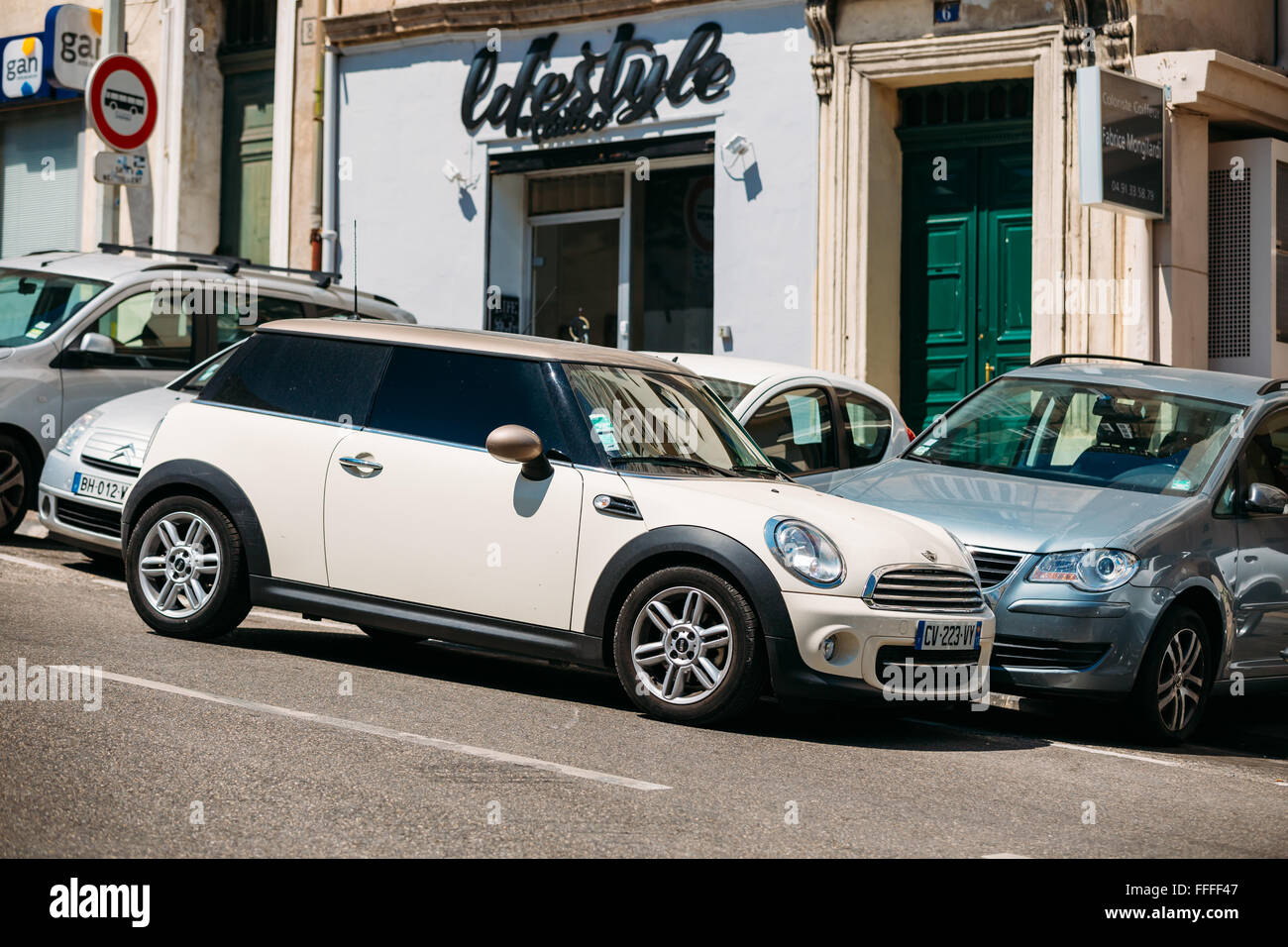Marseille, France  - June 30, 2015: White color Mini Cooper on street Stock Photo