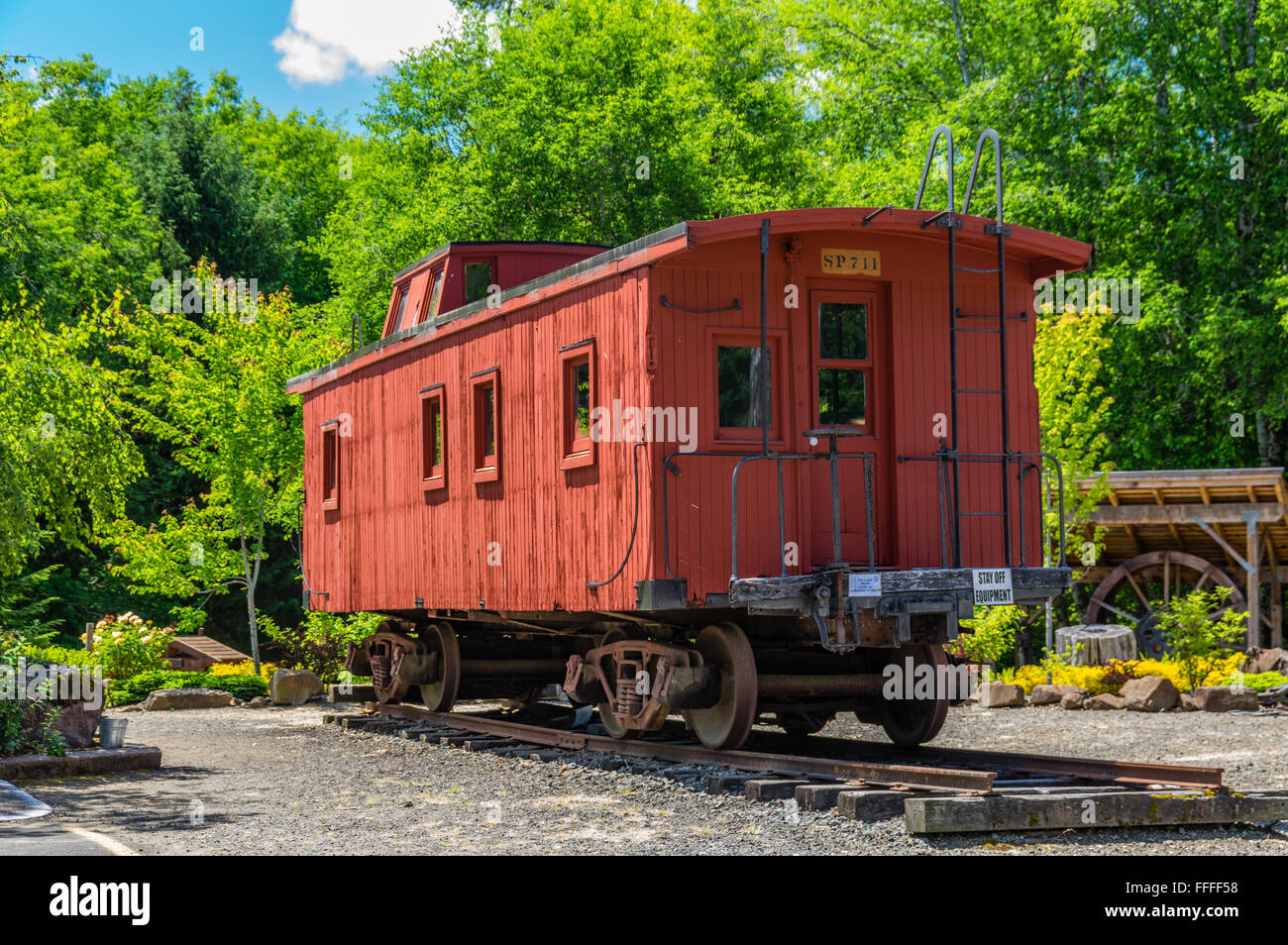 Train caboose at the Camp 18 logging museum. Else, Oregon Stock Photo