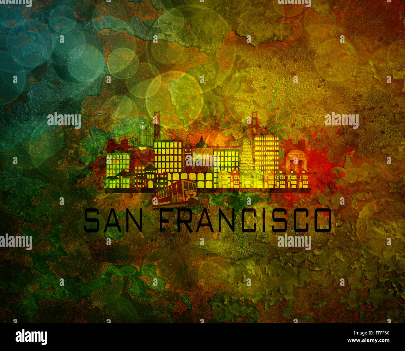San Francisco California City Skyline with Paint Splatter Abstract on Grunge Texture Background Color Illustration Stock Photo