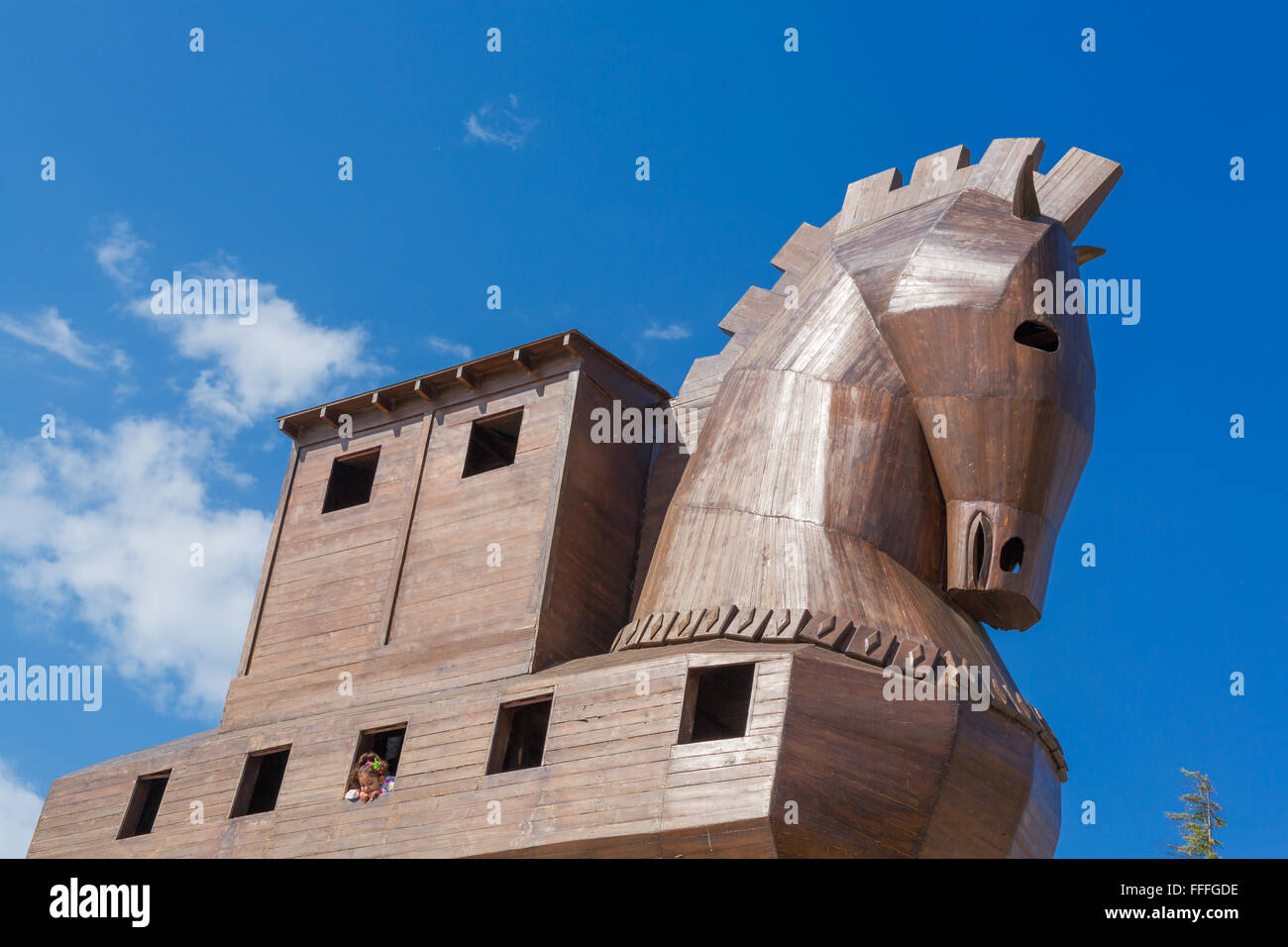 Modern wooden sculpture of Trojan horse, Troy, Canakkale Province, Turkey Stock Photo