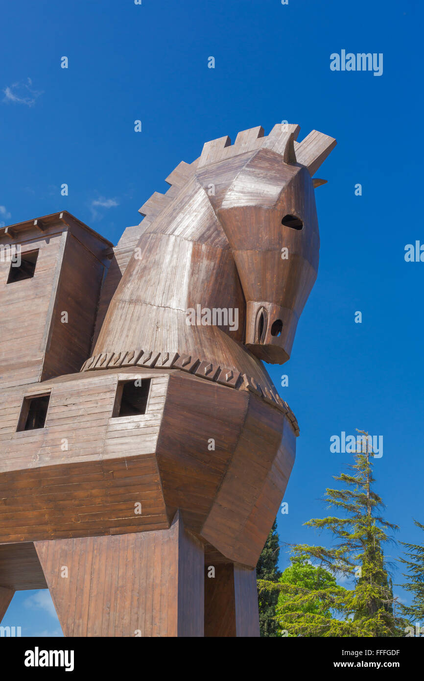 Modern wooden sculpture of Trojan horse, Troy, Canakkale Province, Turkey Stock Photo