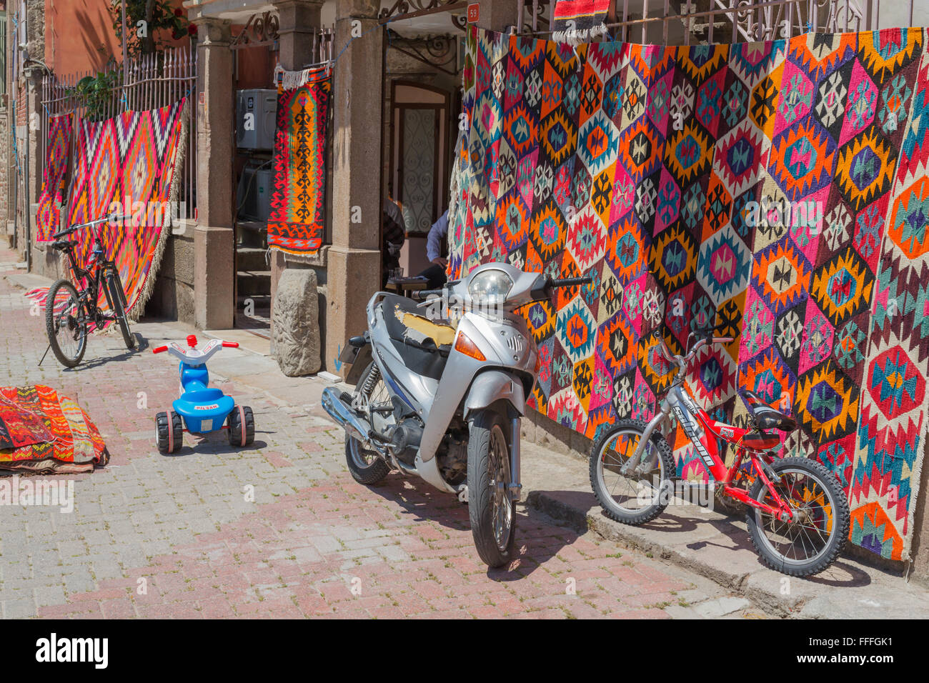 Street in old town, carpets shop, Pergamon, Bergama, Izmir Province