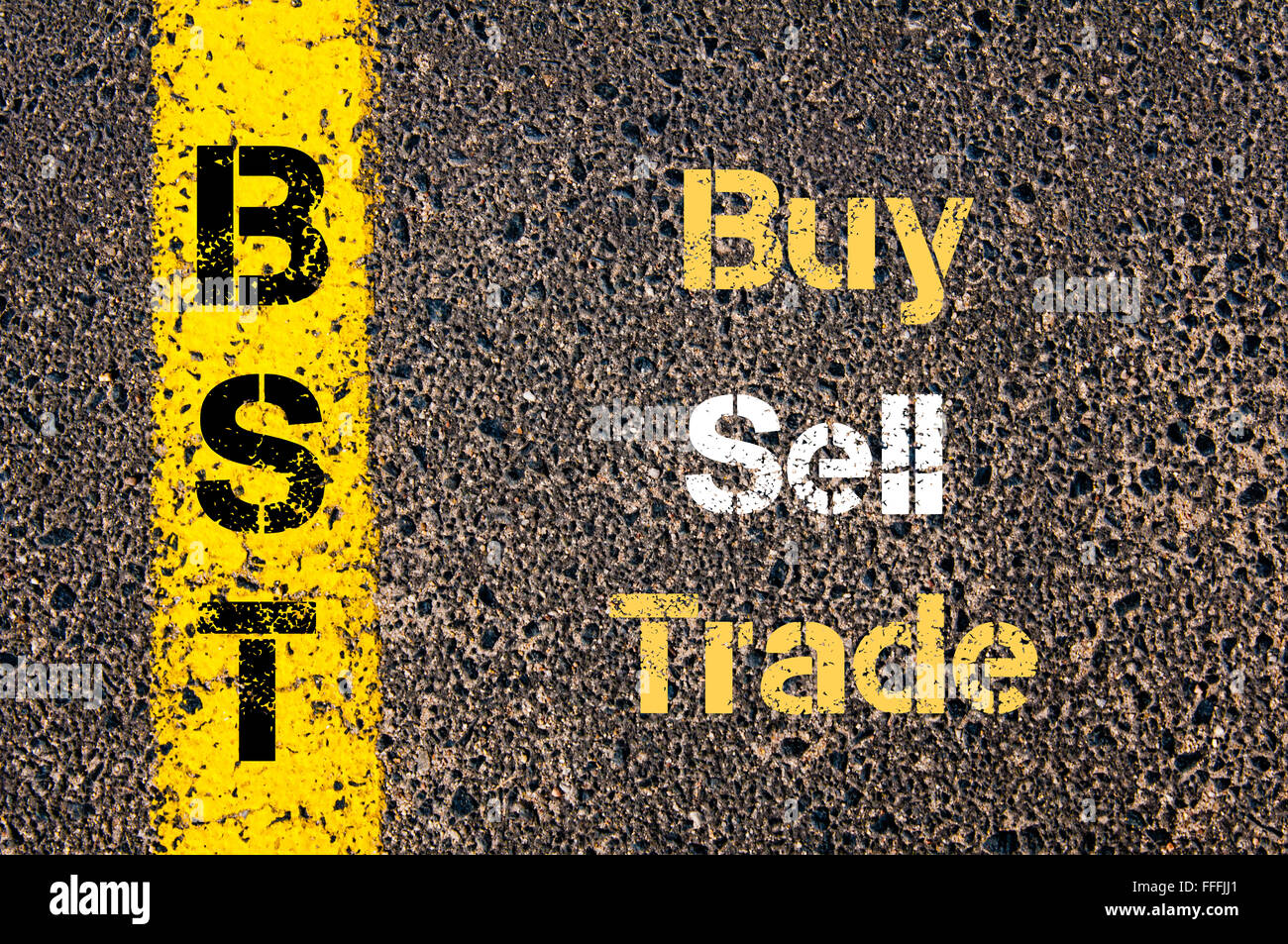 Concept image of Business Acronym BST Buy Sell Trade written over road