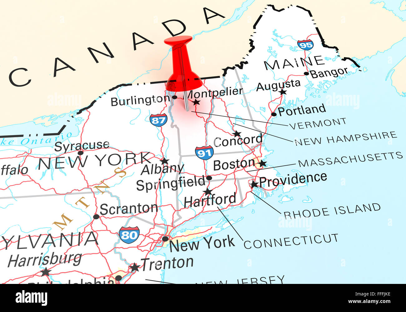 Red Thumbtack Over Vermont State Usa Map 3d Rendering Stock Photo