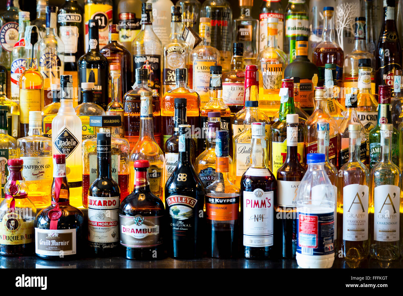 Hard alcohol bottles in a bar Stock Photo