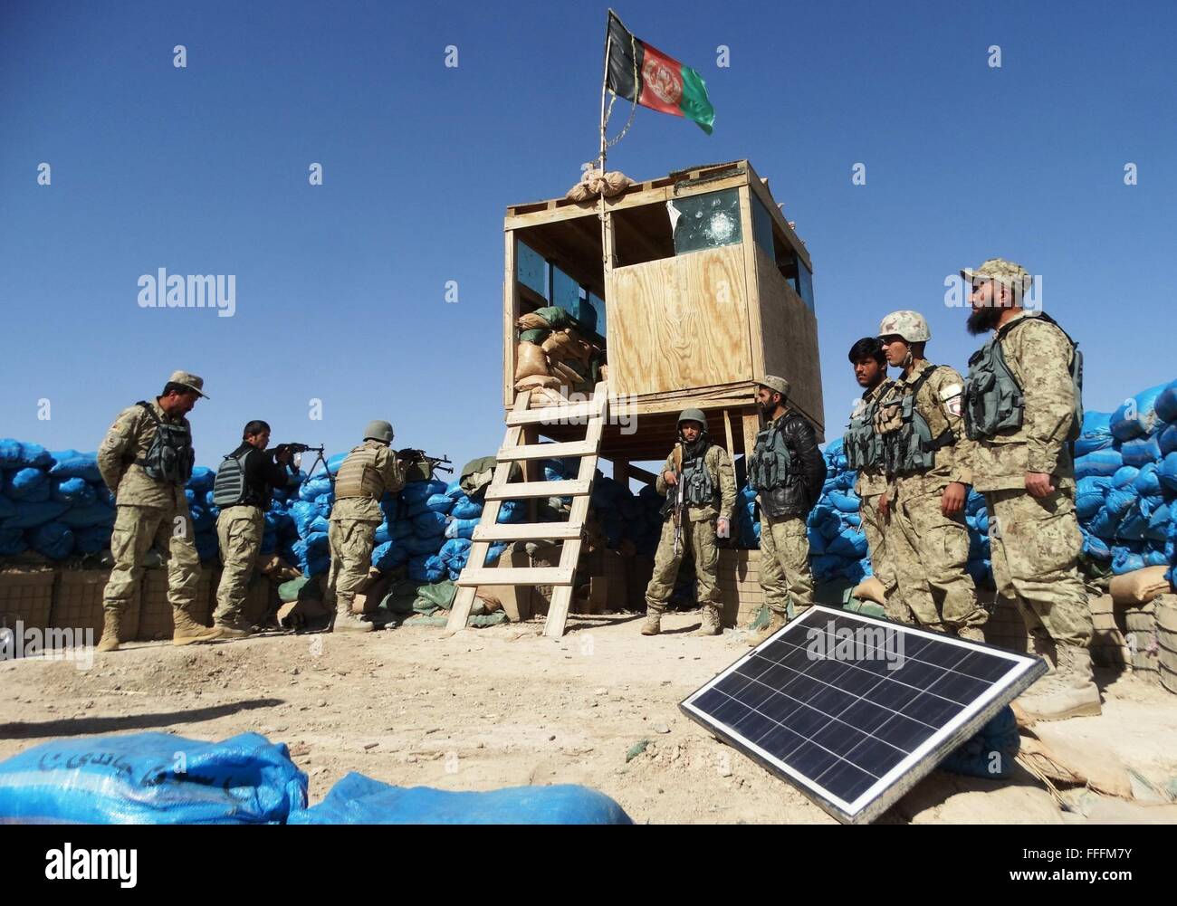 Helmand, Afghanistan. 12th Feb, 2016. Afghan security force members take part in a military operation in Nad Ali district of the southern Helmand province, Afghanistan, Feb. 12, 2016. Some 36 militants were killed amid military operations carried out by Afghan National Security Forces (ANSF) on Thursday, spokesman of the country's Defense Ministry said on Friday. © Abdul Aziz Safdari/Xinhua/Alamy Live News Stock Photo