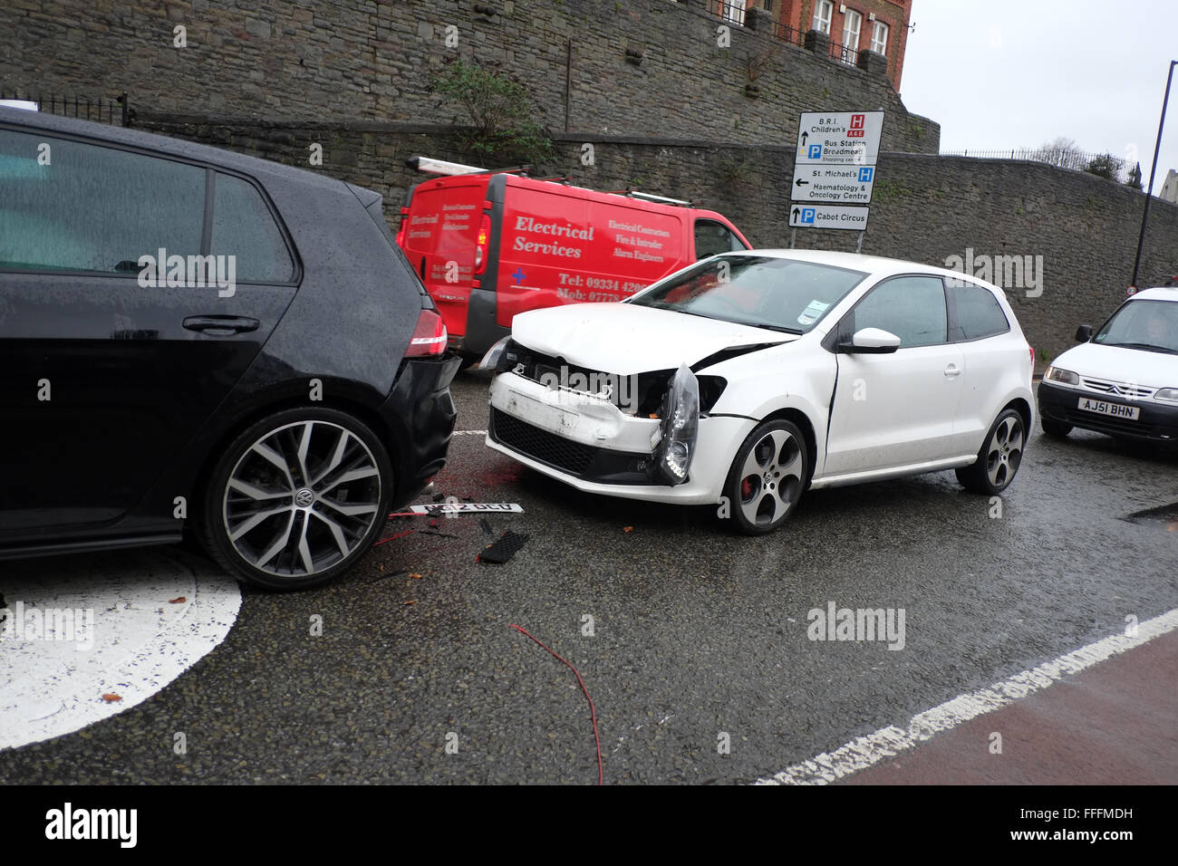 Three Volkswagen car crash in central Bristol, a Polo went into the back of a Golf pushing it