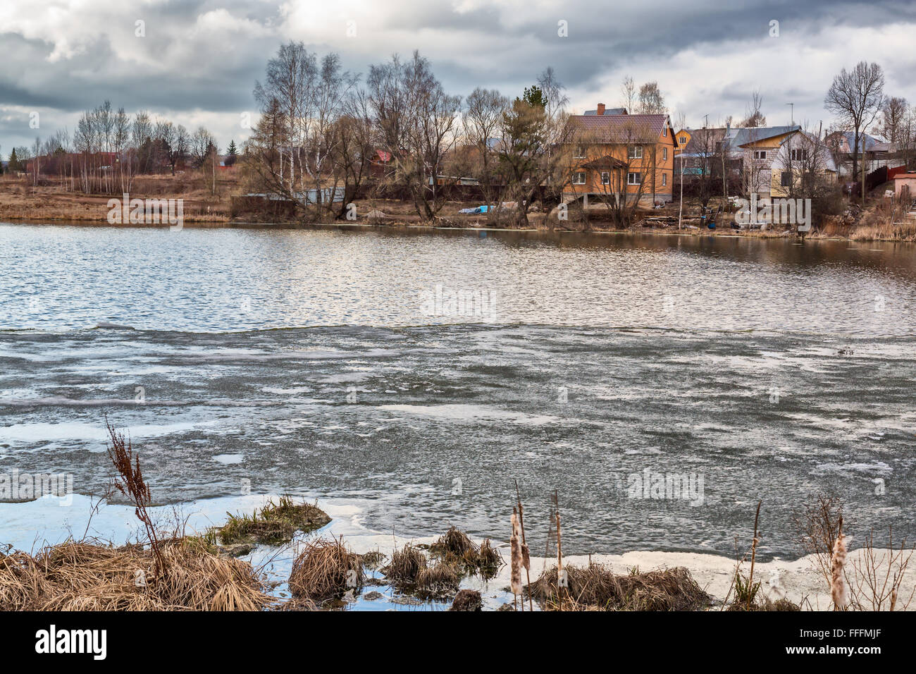 Lake under ice at winter, Sofrino, Moscow region, Russia Stock Photo