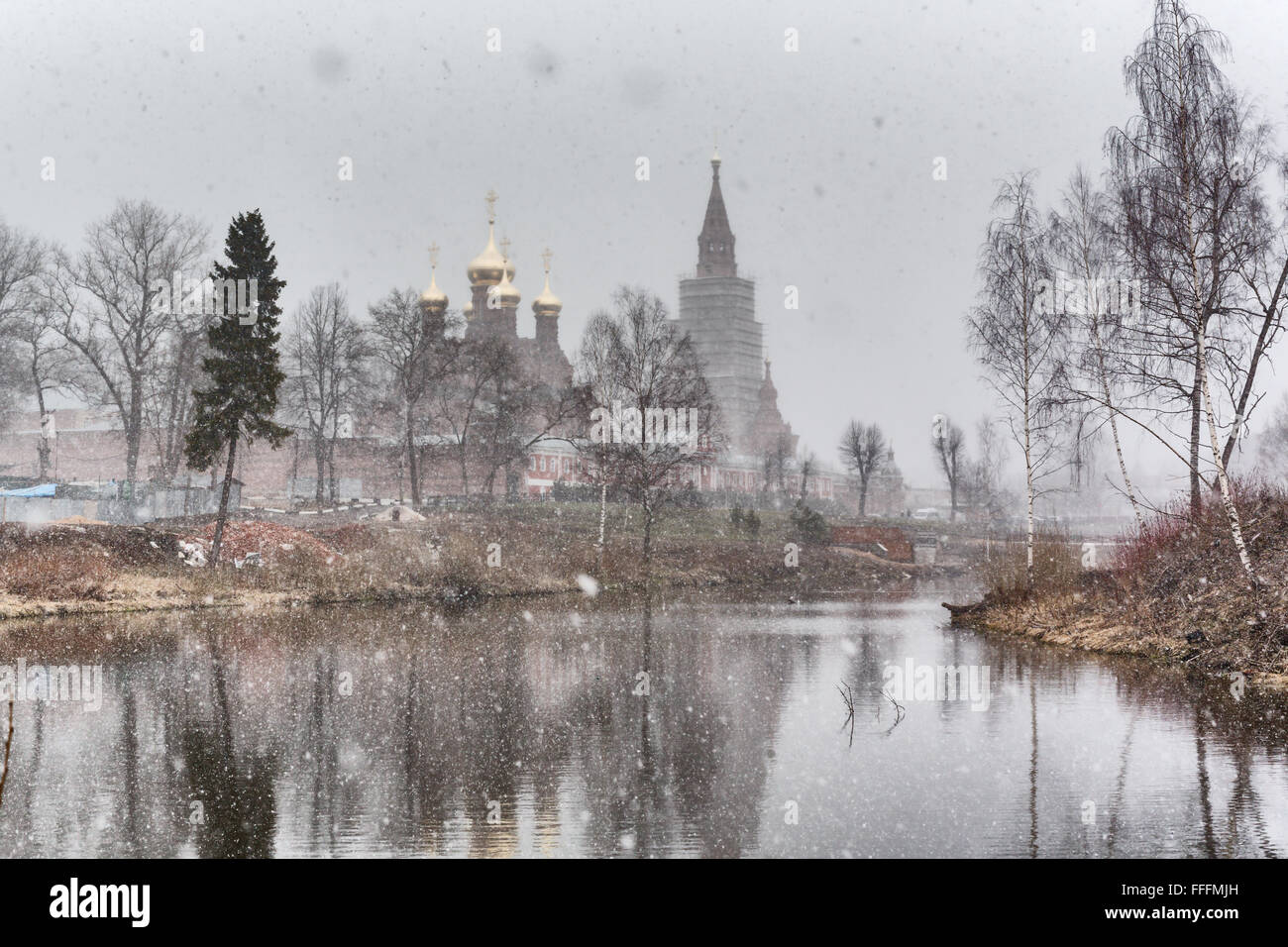 Snowfall, Chernigovsky skete, Sergiev posad, Moscow region, Russia Stock Photo