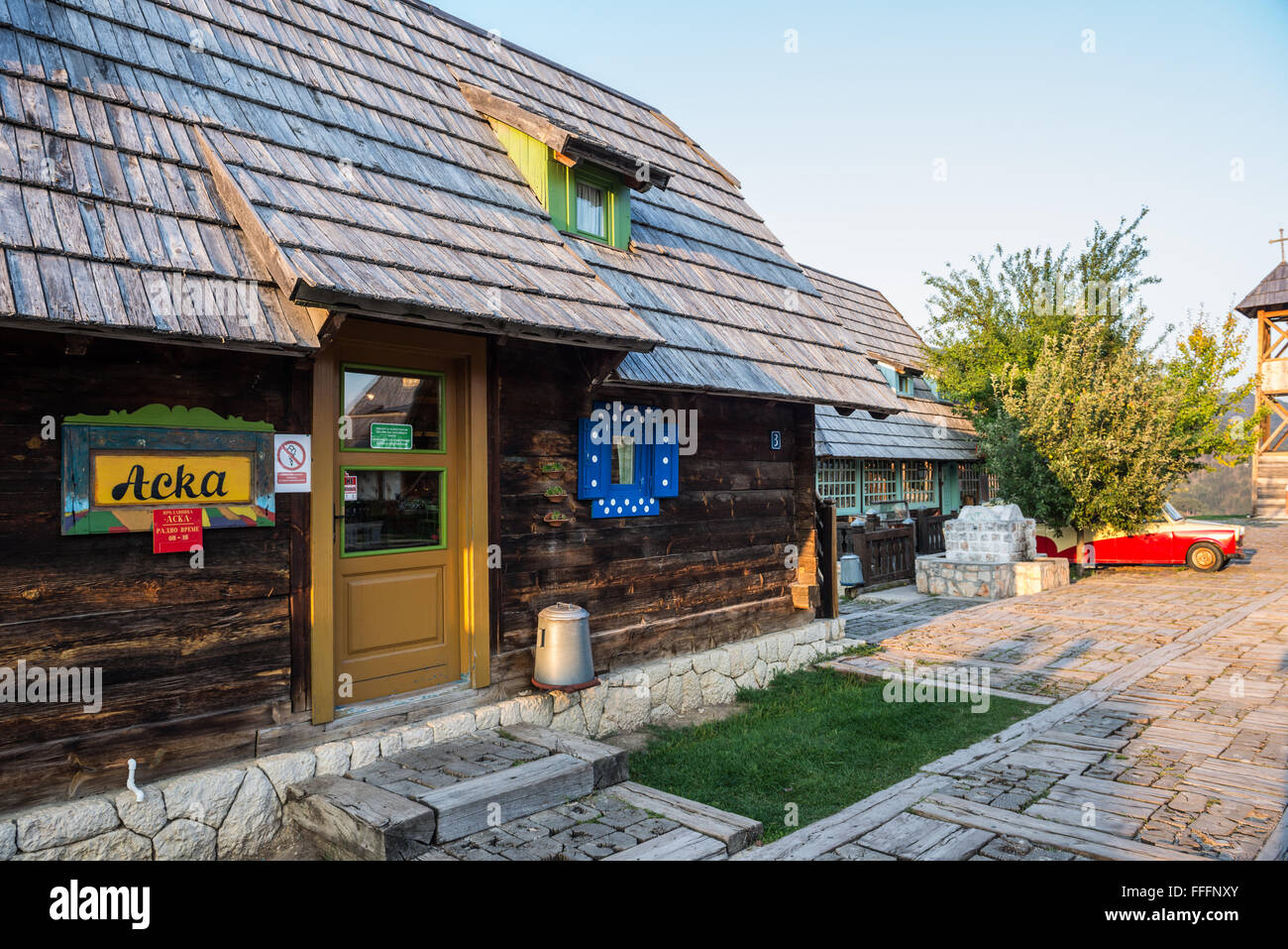 Reception building in traditional Drvengrad village also called Kustendorf built by Emir Kusturica in Zlatibor District, Serbia Stock Photo
