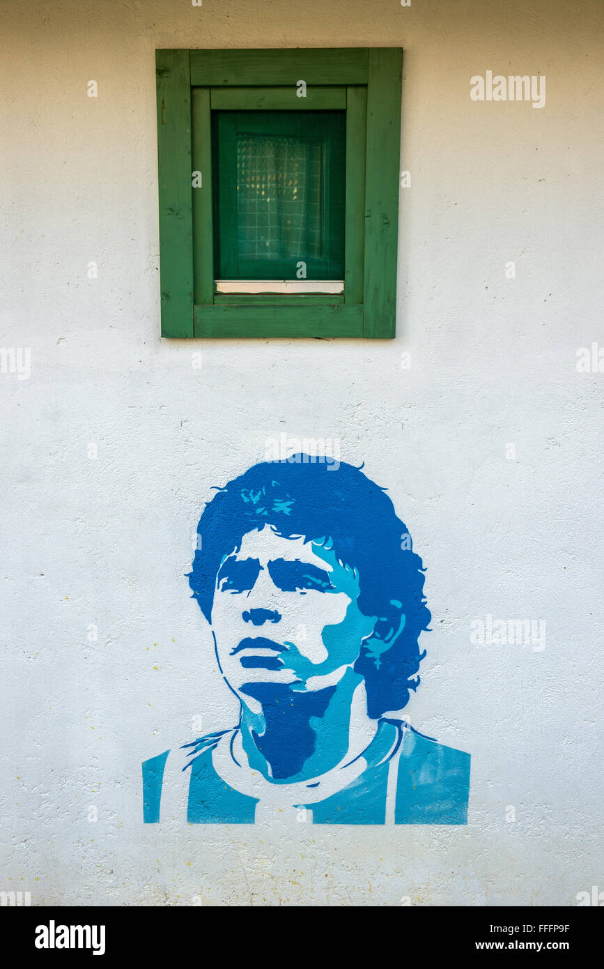 Diego Maradona portrait on Guest house at Jean Vigo St in Drvengrad (Kustendorf) built by Emir Kusturica in Zlatibor, Serbia Stock Photo