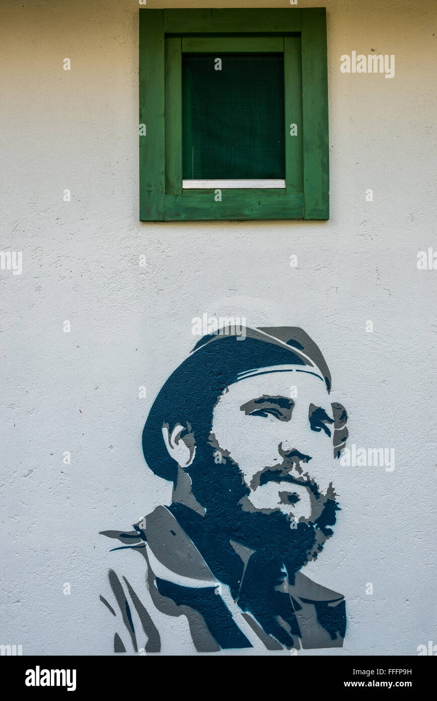 Fidel Castro portrait on Guest house at Jean Vigo St in Drvengrad (Kustendorf) built by Emir Kusturica in Zlatibor, Serbia Stock Photo