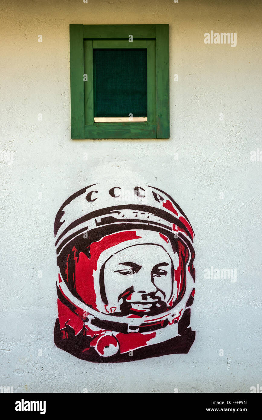 Yuri Gagarin portrait on Guest house at Jean Vigo St in Drvengrad (Kustendorf) built by Emir Kusturica in Zlatibor, Serbia Stock Photo