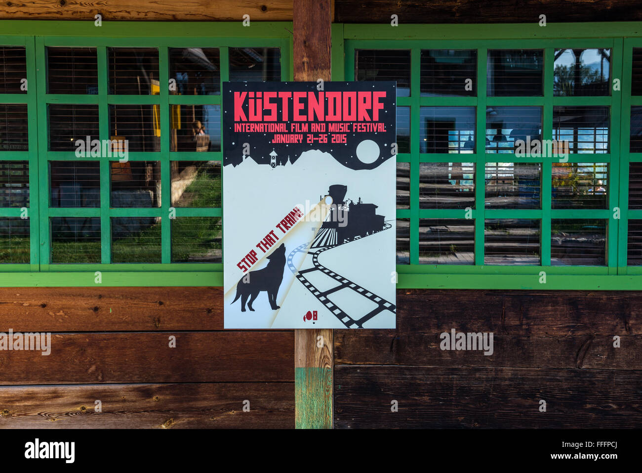 Kustendorf movie festival poster in traditional Drvengrad village built by Emir Kusturica in Zlatibor District, Serbia Stock Photo