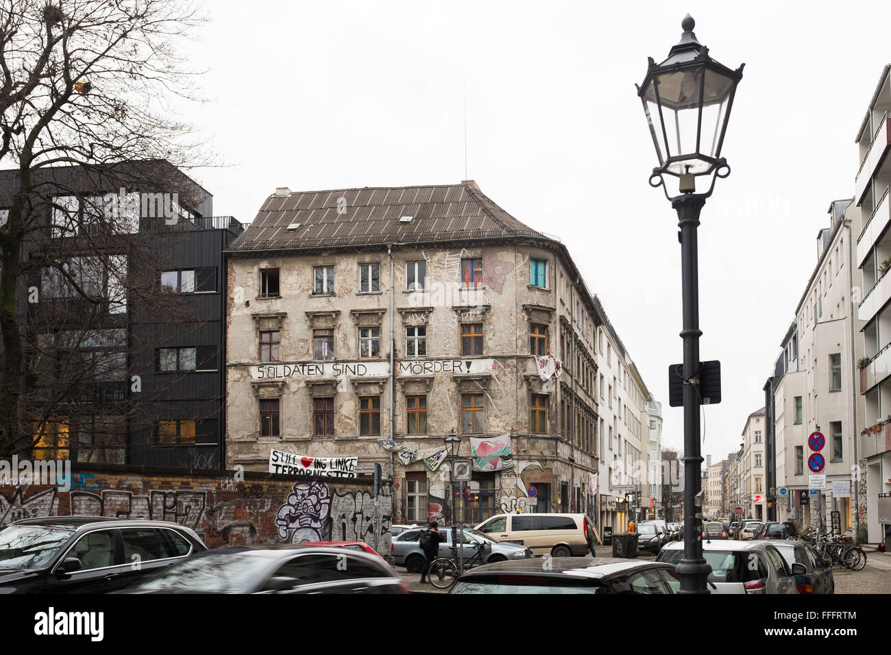 BERLIN - JANUARY 26: Ex- squat not refurbished in the Linien Strasse in Berlin-Mitte, on January 12 2016 in Berlin. Stock Photo