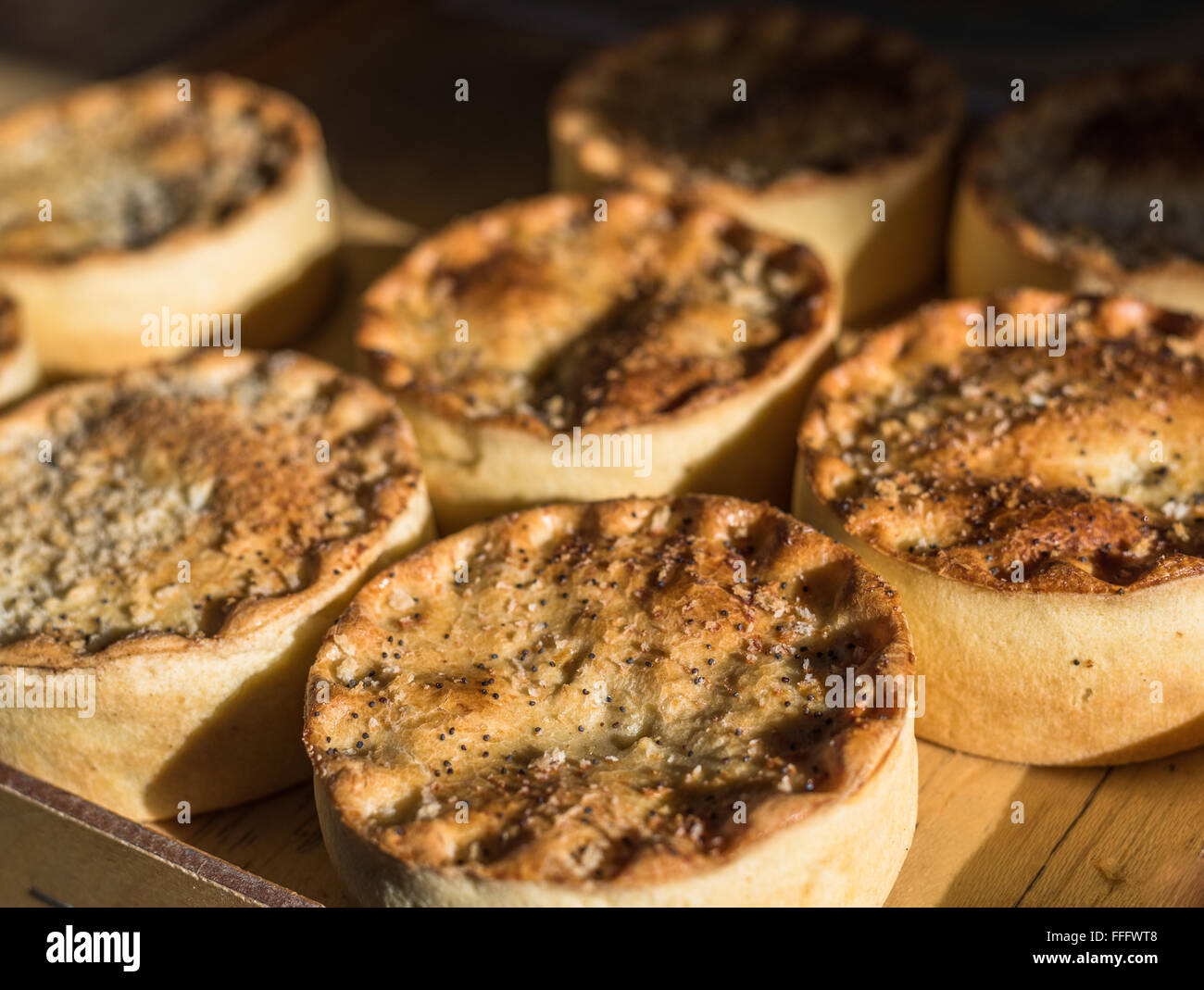 A freshly baked tray of meat pies. Stock Photo