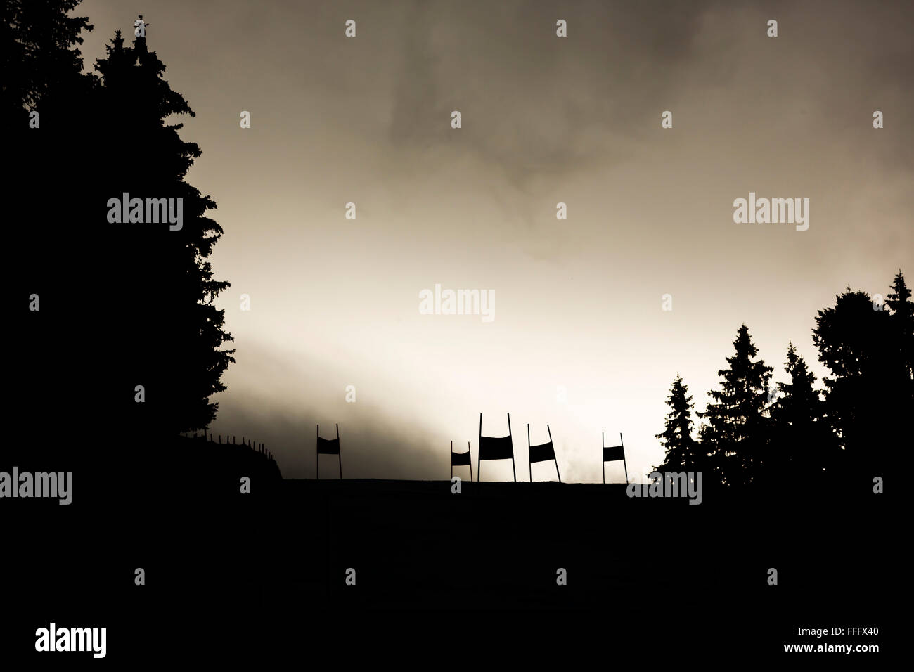 Silhouette of an official ski track for ski races in a mountain of Bulgaria. Stock Photo