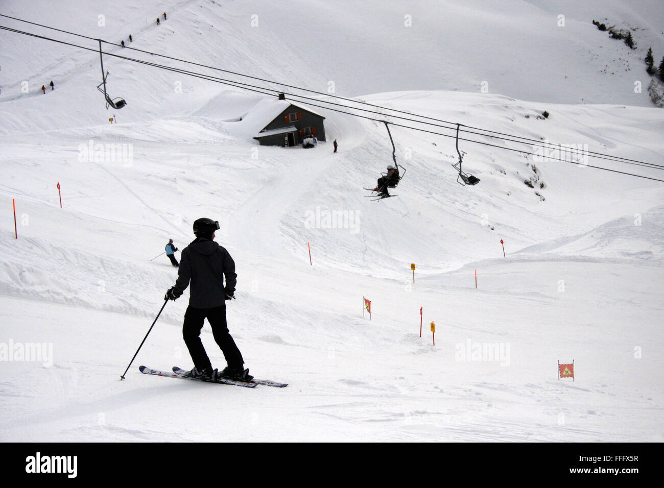 Ski alpin auf dem Nebelhorn, Winterstimmung, Oberstorf, Bayerische Alpen. Stock Photo
