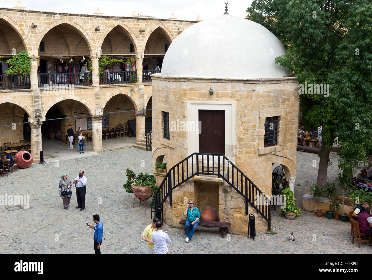 Small mosque in the center court of the Buyuk Han, in the old town, Nicosia, Lefkosa, Turkish Republic of Northern Cyprus Stock Photo