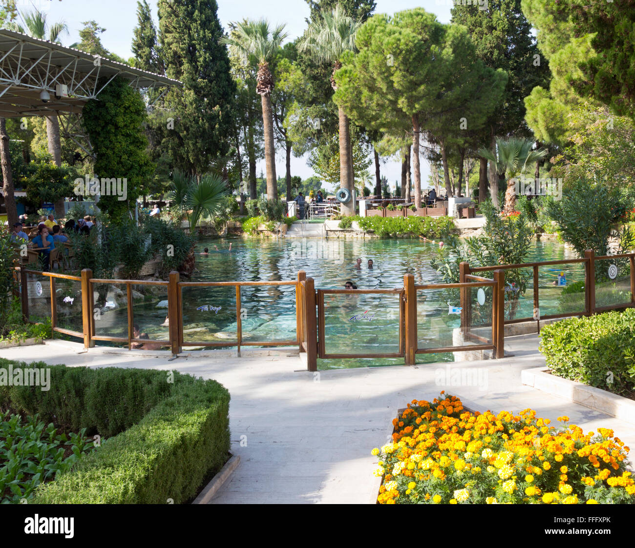 In the hot springs of ancient Roman ruins of Hieropolis at Pamukkale ...