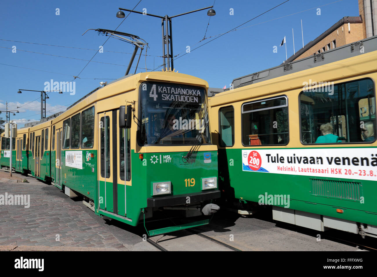 The No 4 electric tram operated by HSL (Helsingin Seudun Liikenne) in Helsinki, Finland. Stock Photo