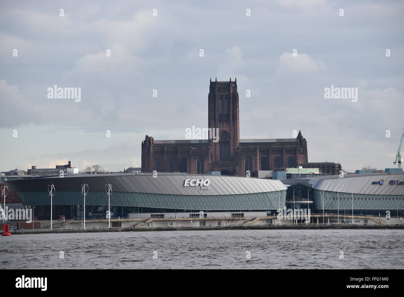 The Liverpool Echo Arena with Liverpool's Anglican Cathedral behind. Stock Photo