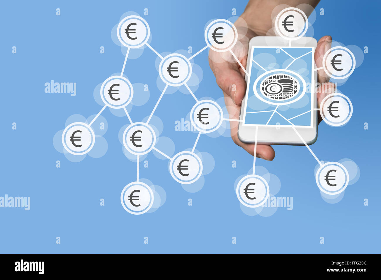 Mobile e-payment and e-commerce concept with hand holding modern smartphone in front of neutral blue background Stock Photo