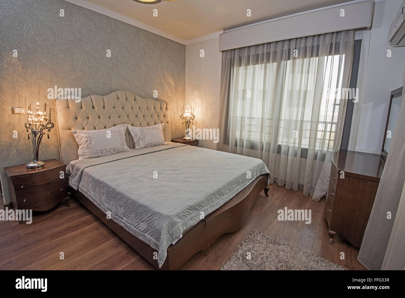 Interior design of a luxury apartment show home bedroom Stock Photo