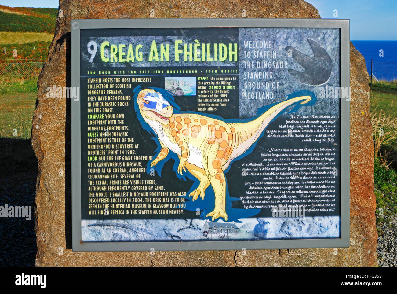 Information notice relating to revealed Dinosaur fossil footprints at Staffin, Isle of Skye, Scotland, United Kingdom. Stock Photo