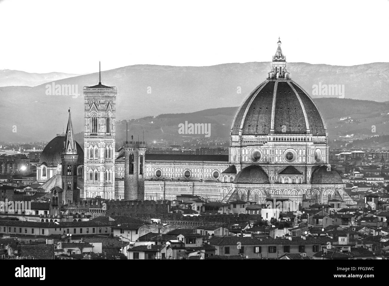 Cathedral of Santa Maria del Fiore and Palazzo Vecchio at sunrise, Florence, Italy Stock Photo