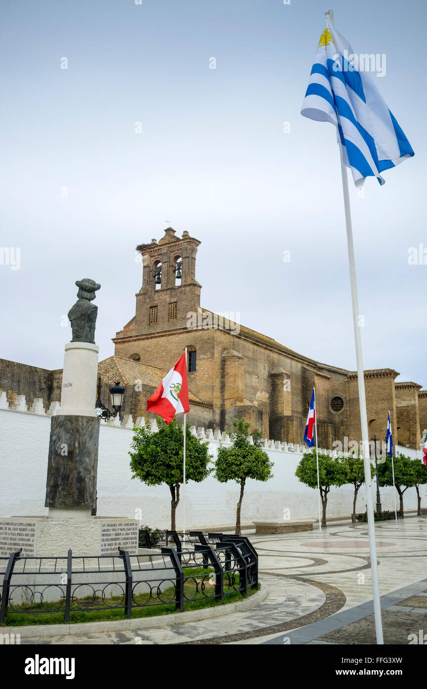 Christopher Columbus statue and Santa Clara Monastery where he stayed after his voyage to the Americas. Moguer, Huelva. Spain Stock Photo