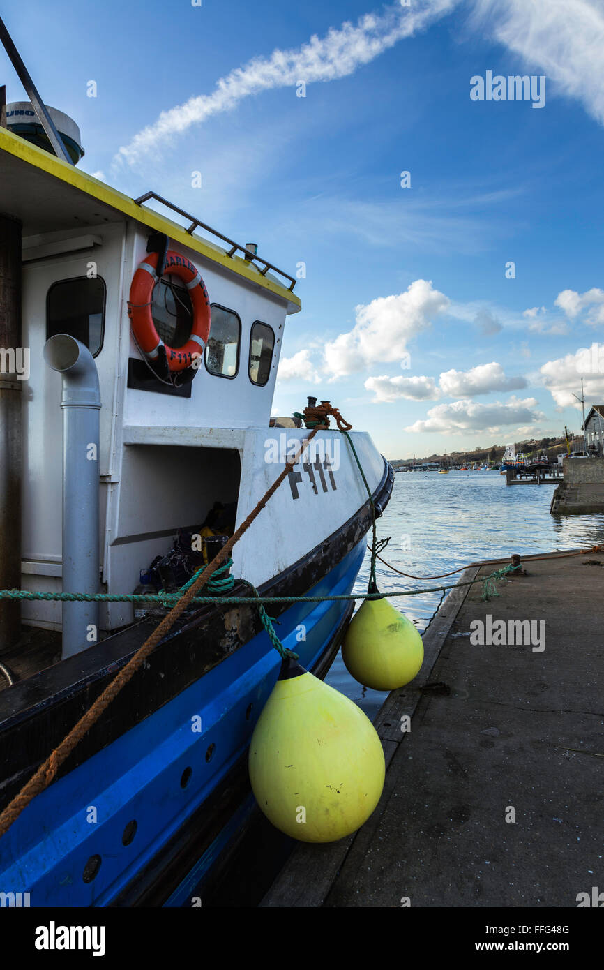 Fishing Boat Moored at Bell Wharf Old Leigh with Yellow Fenders Stock