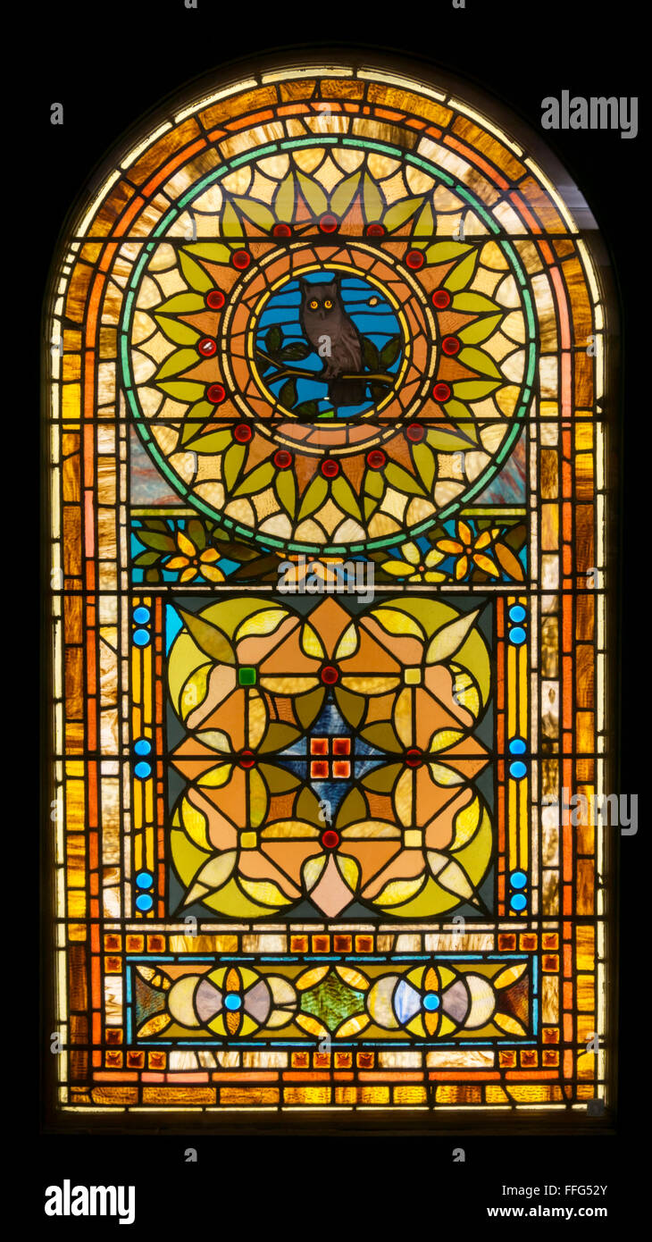 Night owl in rounded window stained glass by unknown late