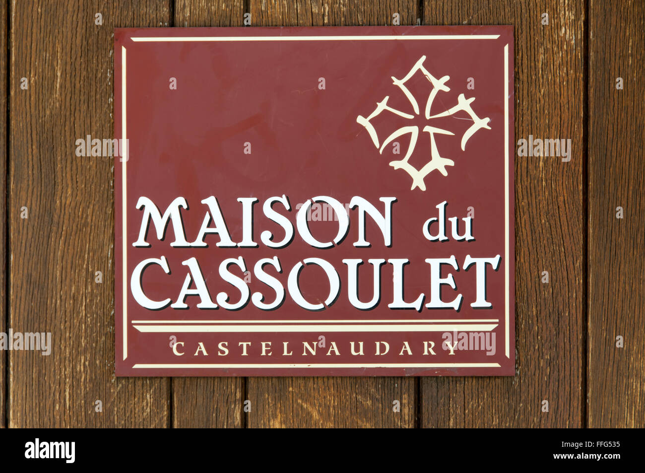 Sign for Maison du Cassoulet, Castelnaudary. Stock Photo