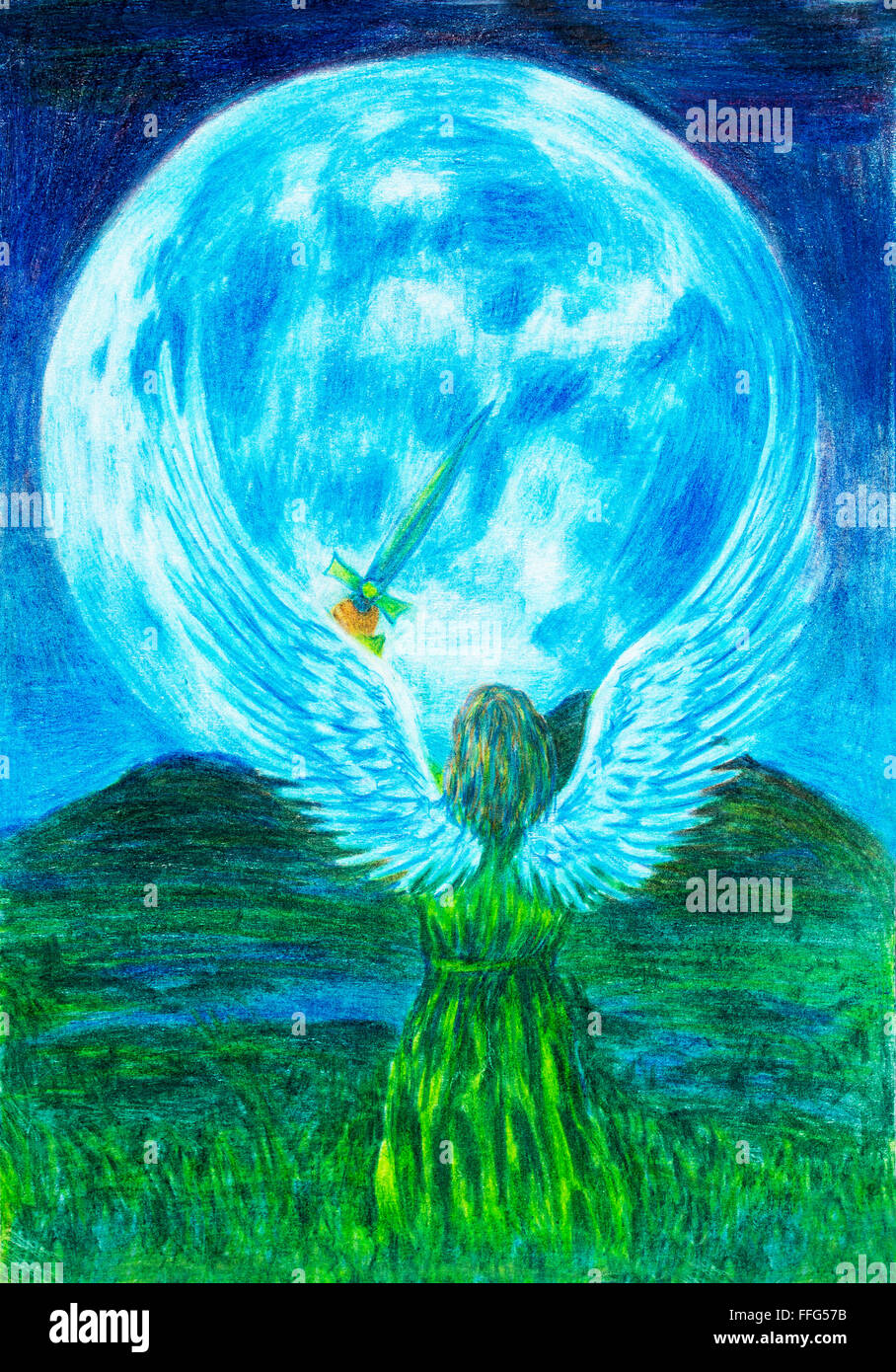 Angel holding sword in landscape, and moon in background. Original painting Stock Photo