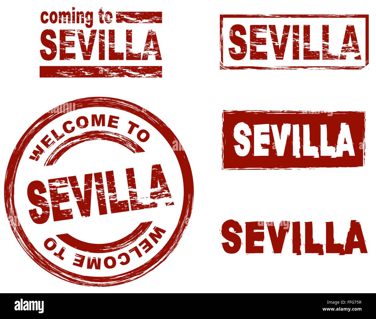 Set of stylized ink stamps showing the city of Sevilla Stock Vector