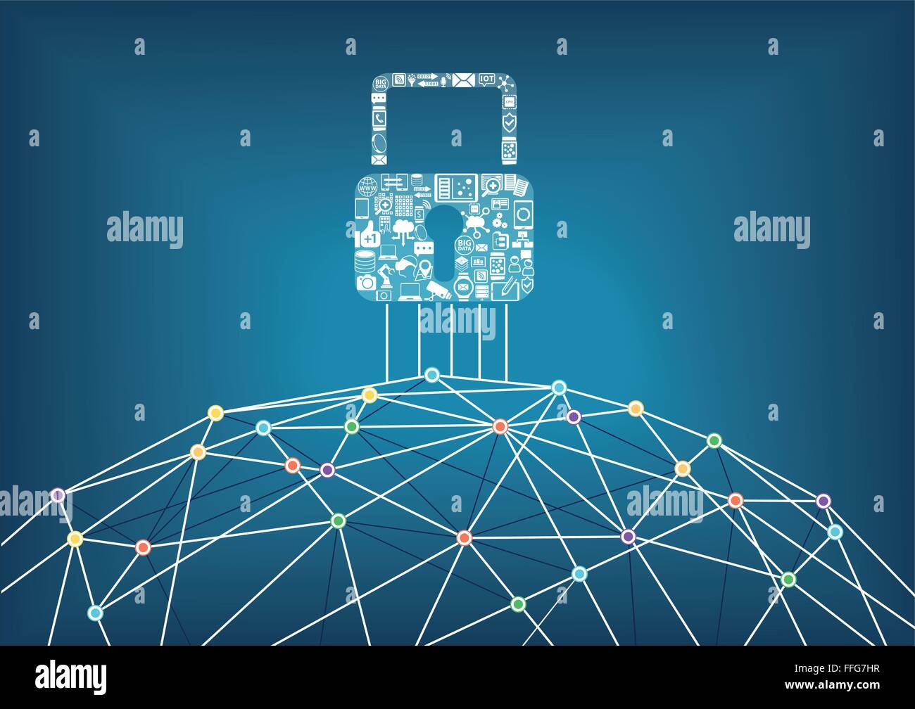 Global IT security protection concept of connected devices. World wide web background with lines connecting dots. Stock Vector