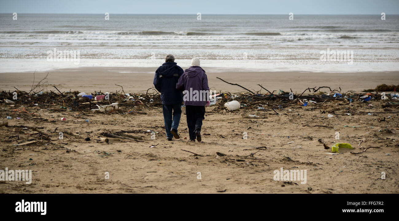 South Wales, UK. 13th Feb, 2016. The result of recent gale force winds and high tides leave a trail of pollution, including plastics, washed up on Pembrey Sands (Cefn Sidan), Pembrey Country Park, near Llanelli, Carmarthenshire, Wales, UK. Amid the debris are Soft-Shell Clams or Sand Gapers (Mya arenaria) from Carmarthen Bay, also stranded by the high tides. © Algis Motuza/Alamy Live News Credit:  Algis Motuza/Alamy Live News Stock Photo
