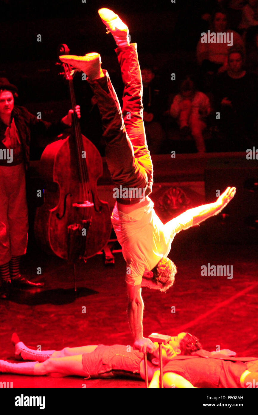 Blackpool Tower, Lancashire, UK, 13th February 2106.  UK Premier performance of Akoreacro.  Akoreacro a very vivid show with swift acrobatics and a stupendous blend of high circus skills, with the entire ensemble flying through the air ending up at truly perilous heights; a literal swarm of acrobatic pieces and feats performed at their UK premier in Blackpool. The tremendous energy of the artists being bolstered by a live musical accompaniment performed right on the stage with allusions to certain terms such as accord (chord), corps (body), and acro (acrobat). Credit:  Cernan Elias/Alamy Live  Stock Photo