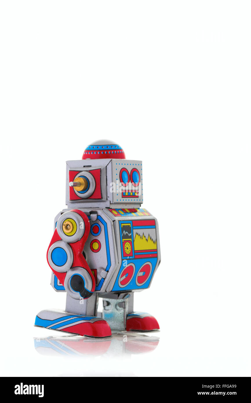 Retro Tin Clockwork Robot on a White Background Stock Photo